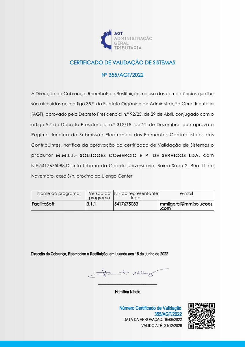 Certificado oficial AGT n.º 355/AGT/2022 do FacilitaSoft